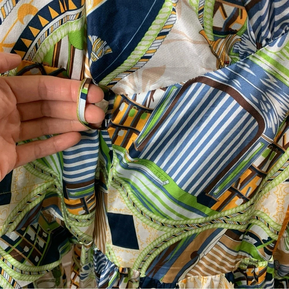 L’Atiste Boho Kimono Sleeve Satin Trim Abstract Print Mini Dress Flowy Large - Picture 4 of 5
